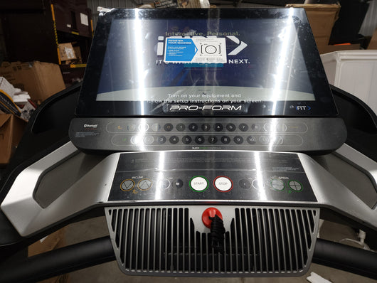 ProForm Pro 9000 Smart Treadmill!

-Brand new and already assembled! -(Has a small chip in plastic and color is rubbed off some under display Numbers, photos shown)