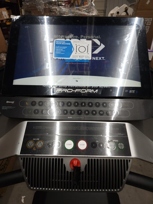 ProForm Pro 9000 Smart Treadmill!

-Brand new and already assembled! -(Has a small chip in plastic and color is rubbed off some under display Numbers, photos shown)