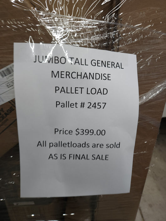 JUMBO LIQUIDATION PALLET- Number # 2457

 

$399 after 20 percent automatic discount at checkout 

 