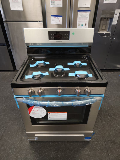 Frigidaire  30-in 5 Burners 5-cu ft Self-cleaning Freestanding Gas Range (Easycare Stainless Steel)!

-Brand new out of the box but is lightly dented from shipping, photos shown