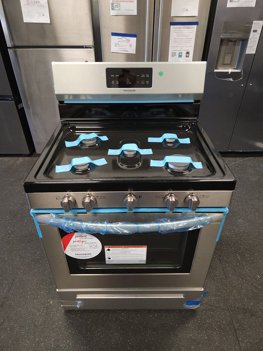 Frigidaire  30-in 5 Burners 5-cu ft Self-cleaning Freestanding Gas Range (Easycare Stainless Steel)!

-Brand new out of the box but is lightly dented from shipping, photos shown