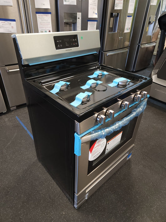 Frigidaire  30-in 5 Burners 5-cu ft Self-cleaning Freestanding Gas Range (Easycare Stainless Steel)!

-Brand new out of the box but is lightly dented from shipping, photos shown