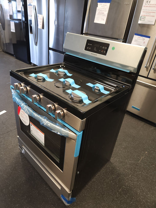 Frigidaire  30-in 5 Burners 5-cu ft Self-cleaning Freestanding Gas Range (Easycare Stainless Steel)!

-Brand new out of the box but is lightly dented from shipping, photos shown