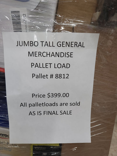 Jumbo huge liquidation pallet- over 7 ft tall ! Pallet number 8812!

 

$399 after automatic 20 percent off at checkout