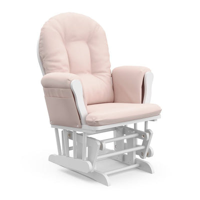 Storkcraft Hoop Glider and Ottoman, White Finish with Light Pink Cushions!

-Brand new in the box 