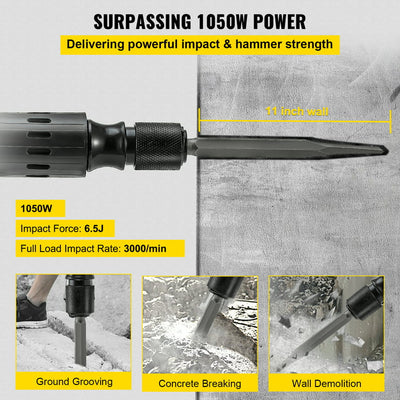 VEVOR Demolition Hammer, 0.67" 9.5 Amp Corded Concrete Breaker Accepts SDS-Plus Bits, 1050W Jack Hammer w/ Flat and Point Chisel Bits & Case, 6.5 Joule Concrete Jack for Breaking tough Ground & Wall!