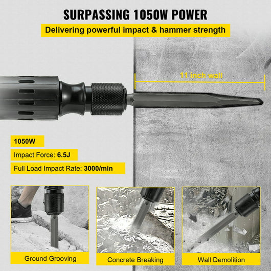 VEVOR Demolition Hammer, 0.67" 9.5 Amp Corded Concrete Breaker Accepts SDS-Plus Bits, 1050W Jack Hammer w/ Flat and Point Chisel Bits & Case, 6.5 Joule Concrete Jack for Breaking tough Ground & Wall!