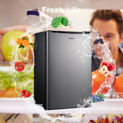 Galanz 3.3 cu ft One Door Mini Fridge, Estar, Stainless Steel Look! **New,small dents from shipping**