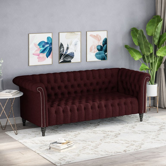 Noble House Slate Fabric Tufted 3 Seater Sofa, Wine, Black Feet!

-Brand new and assembled