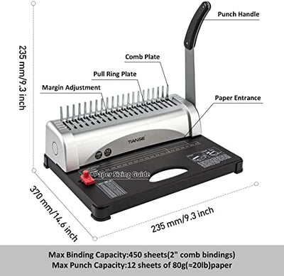 TIANSE Binding Machine, 21-Holes, 450 Sheets, Comb Binding Machines with Starter Kit!

-Brand new in the box