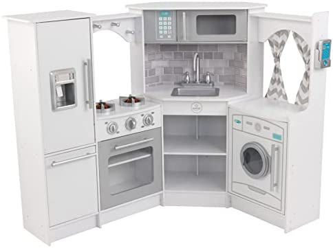 KidKraft Ultimate Corner Wooden Play Kitchen with Lights & Sounds, Play Phone and Curtains, White ,Gift for Ages 3+!

-Brand new in the box 