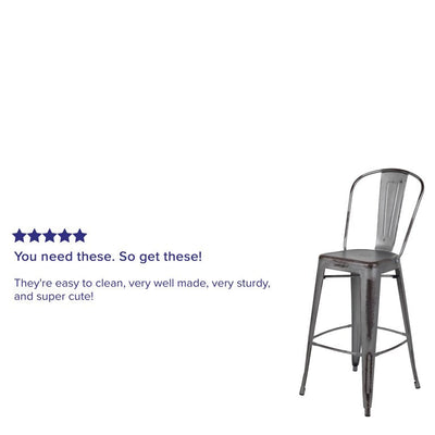 Flash Furniture Commercial Grade 30" High Distressed Silver Gray Metal Indoor-Outdoor Barstool with Back, Set of 4! (NEW IN BOX)
