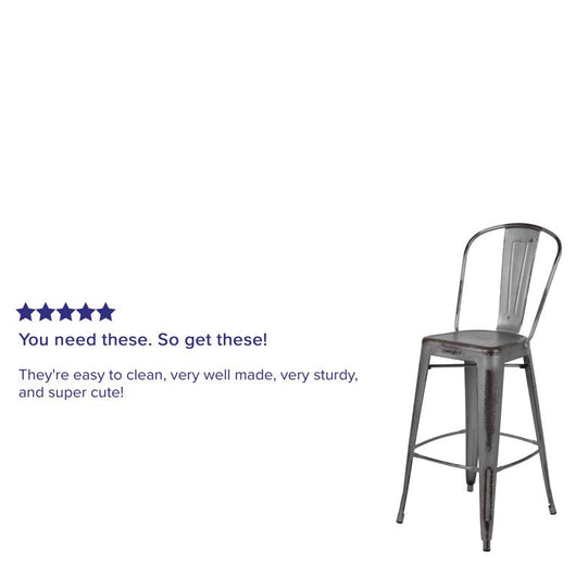 Flash Furniture Commercial Grade 30" High Distressed Silver Gray Metal Indoor-Outdoor Barstool with Back, Set of 4! (NEW IN BOX)