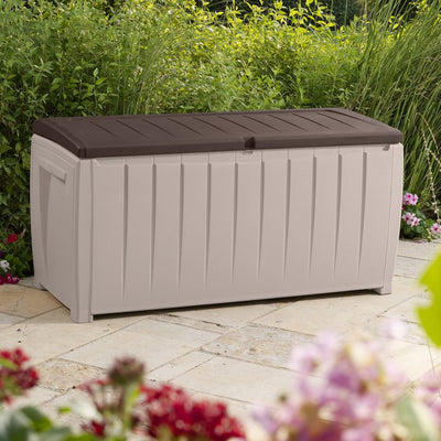 Keter Novel Outdoor 90 Gallon Plastic Deck Box, Black!! NEW AND ASSEMBLED, SIDE CRACKED(PHOTOS SHOWN)!!