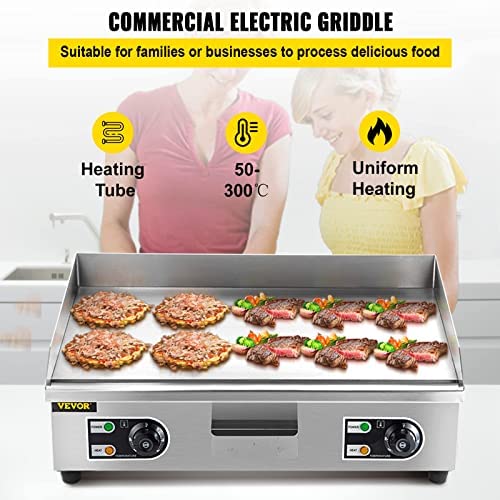 Vevor 29" Commercial Electric Griddle 110V 3000W Electric Countertop Griddle Non-Stick Restaurant Teppanyaki Flat Top Grill Stainless Steel Adjustable Temperature Control 122°F-572°F (NO PLUG