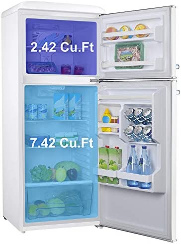 Galanz GLR10TWEEFR True Top Freezer Retro Refrigerator Frost Free Dual Door Fridge, Adjustable Electrical Thermostat Control, 10.0 Cu Ft, White!