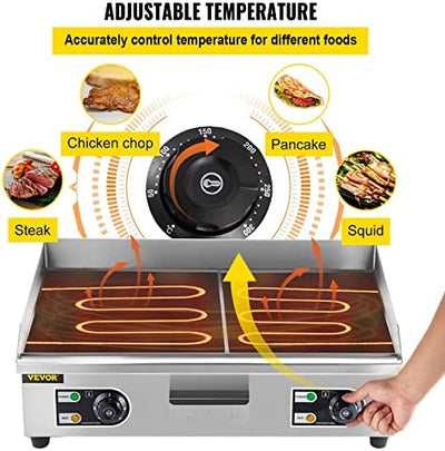 Vevor 29" Commercial Electric Griddle 110V 3000W Electric Countertop Griddle Non-Stick Restaurant Teppanyaki Flat Top Grill Stainless Steel Adjustable Temperature Control 122°F-572°F (NO PLUG