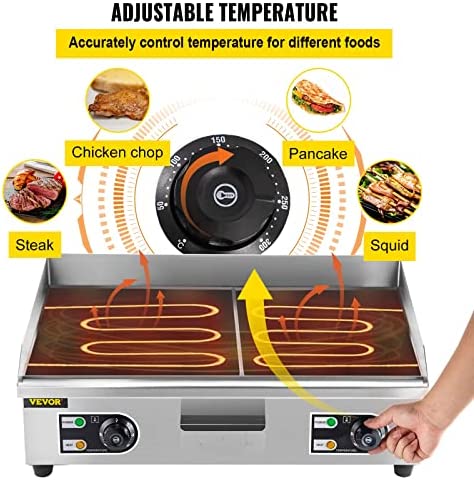 Vevor 29" Commercial Electric Griddle 110V 3000W Electric Countertop Griddle Non-Stick Restaurant Teppanyaki Flat Top Grill Stainless Steel Adjustable Temperature Control 122°F-572°F (NO PLUG