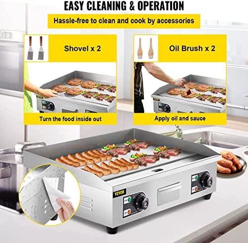 Vevor 29" Commercial Electric Griddle 110V 3000W Electric Countertop Griddle Non-Stick Restaurant Teppanyaki Flat Top Grill Stainless Steel Adjustable Temperature Control 122°F-572°F (NO PLUG