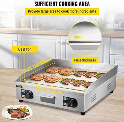 Vevor 29" Commercial Electric Griddle 110V 3000W Electric Countertop Griddle Non-Stick Restaurant Teppanyaki Flat Top Grill Stainless Steel Adjustable Temperature Control 122°F-572°F (NO PLUG