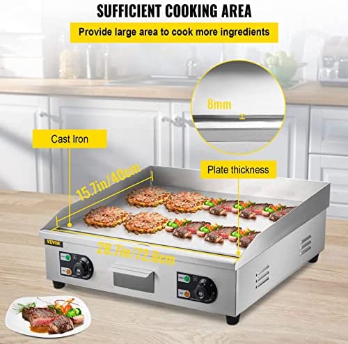 Vevor 29" Commercial Electric Griddle 110V 3000W Electric Countertop Griddle Non-Stick Restaurant Teppanyaki Flat Top Grill Stainless Steel Adjustable Temperature Control 122°F-572°F (NO PLUG
