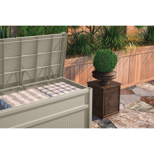 Suncast Outdoor 50 Gallon Resin Deck Box with Seat, Light Taupe!

-Brand new and Assembled