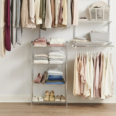 Rubbermaid Freestanding 4-Tier Multipurpose Wire Shelving Unit, Satin Nickel. For Closet Organization!

-Brand new in the box 