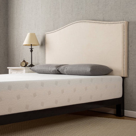 Zinus Nino Upholstered Metal Nailhead Arched Full/Queen Headboard, Taupe!

-Brand new in the box