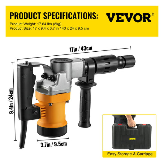 VEVOR Demolition Hammer, 0.67" 9.5 Amp Corded Concrete Breaker Accepts SDS-Plus Bits, 1050W Jack Hammer w/ Flat and Point Chisel Bits & Case, 6.5 Joule Concrete Jack for Breaking tough Ground & Wall!