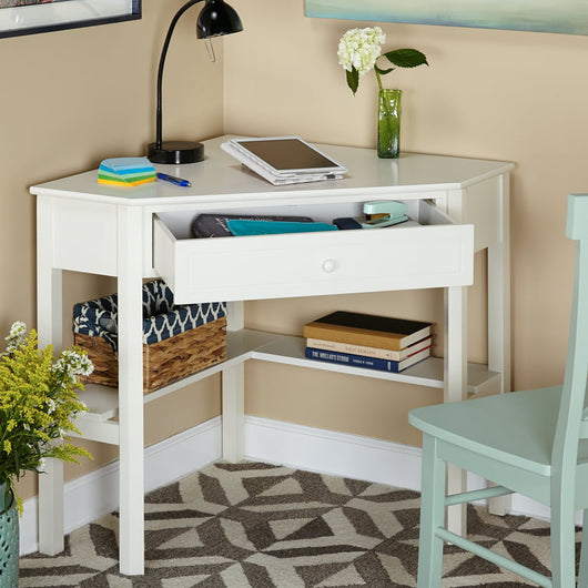 Corner Writing Desk with Pull-out Drawer and Shelf, Off-White!

-Brand new in the box 