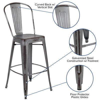 Flash Furniture Commercial Grade 30" High Distressed Silver Gray Metal Indoor-Outdoor Barstool with Back, Set of 4! (NEW IN BOX)