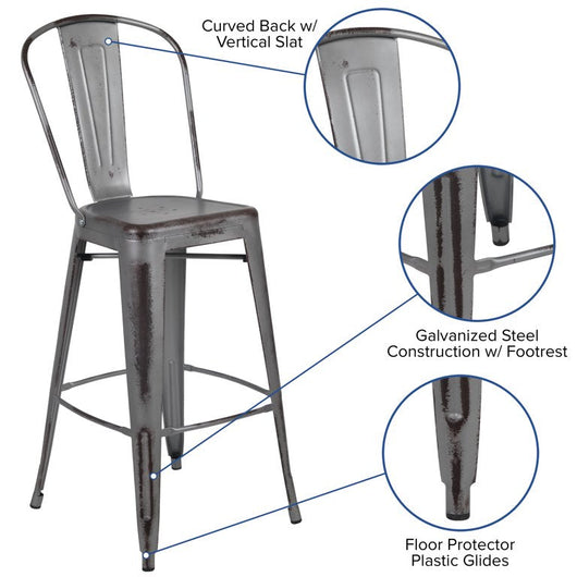Flash Furniture Commercial Grade 30" High Distressed Silver Gray Metal Indoor-Outdoor Barstool with Back, Set of 4! (NEW IN BOX)