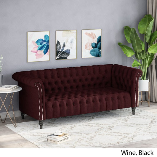Noble House Slate Fabric Tufted 3 Seater Sofa, Wine, Black Feet!

-Brand new and assembled