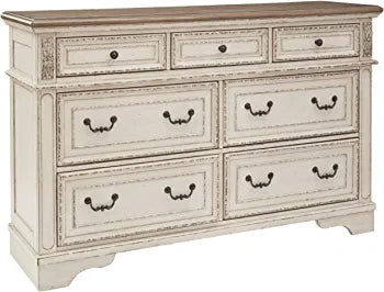 Signature Design by Ashley Realyn French Country 7 Drawer Two Tone Dresser, Chipped White and Realyn French Country 3 Drawer Nightstand with Electrical Outlets & USB Ports, Chipped White!