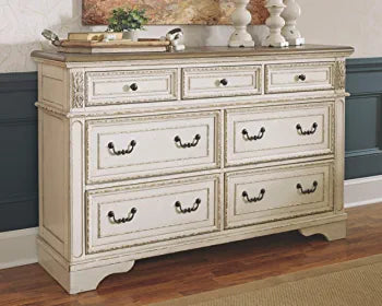 Signature Design by Ashley Realyn French Country 7 Drawer Two Tone Dresser, Chipped White and Realyn French Country 3 Drawer Nightstand with Electrical Outlets & USB Ports, Chipped White!