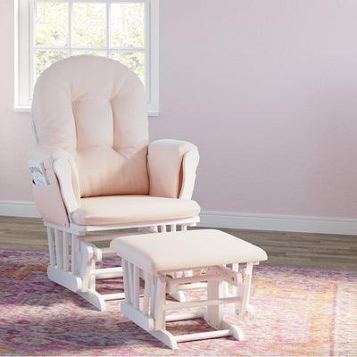 Storkcraft Hoop Glider and Ottoman, White Finish with Light Pink Cushions!

-Brand new in the box 