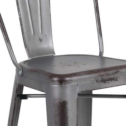 Flash Furniture Commercial Grade 30" High Distressed Silver Gray Metal Indoor-Outdoor Barstool with Back, Set of 4! (NEW IN BOX)