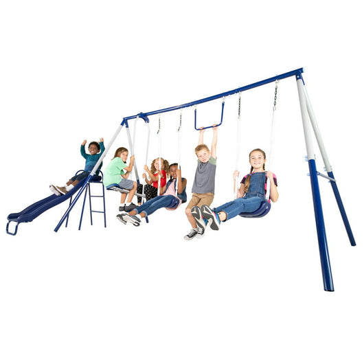 Sportspower Arcadia Metal Swing Set with 5ft Slide, Trapeze, 2 Person Glider Swing!

-Brand new in the box 