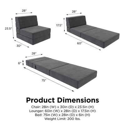 DHP Comfy Flip Out Chair and Sleeper Convertible 3-in-1 Design in Dark Gray!

-Brand new in the box (ONE Small Rectangular Cushion is lightly indented from a strap in shipping. May go back to normal over time, price reduced for this)