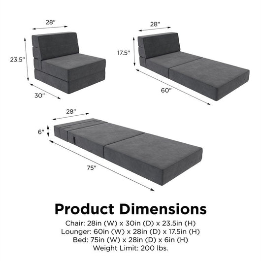 DHP Comfy Flip Out Chair and Sleeper Convertible 3-in-1 Design in Dark Gray!

-Brand new in the box (ONE Small Rectangular Cushion is lightly indented from a strap in shipping. May go back to normal over time, price reduced for this)