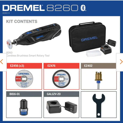Dremel 8260 12VLi-Ion Variable Speed Cordless Smart Rotary Tool with Brushless Motor,5 accessories,3Ah Battery,Charger,Tool Bag!

-Brand new in the carry Case