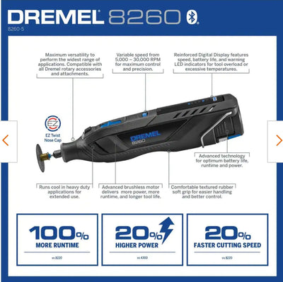 Dremel 8260 12VLi-Ion Variable Speed Cordless Smart Rotary Tool with Brushless Motor,5 accessories,3Ah Battery,Charger,Tool Bag!

-Brand new in the carry Case