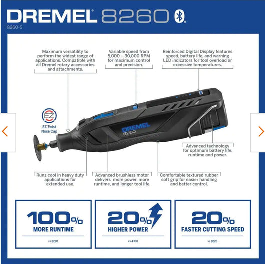 Dremel 8260 12VLi-Ion Variable Speed Cordless Smart Rotary Tool with Brushless Motor,5 accessories,3Ah Battery,Charger,Tool Bag!

-Brand new in the carry Case