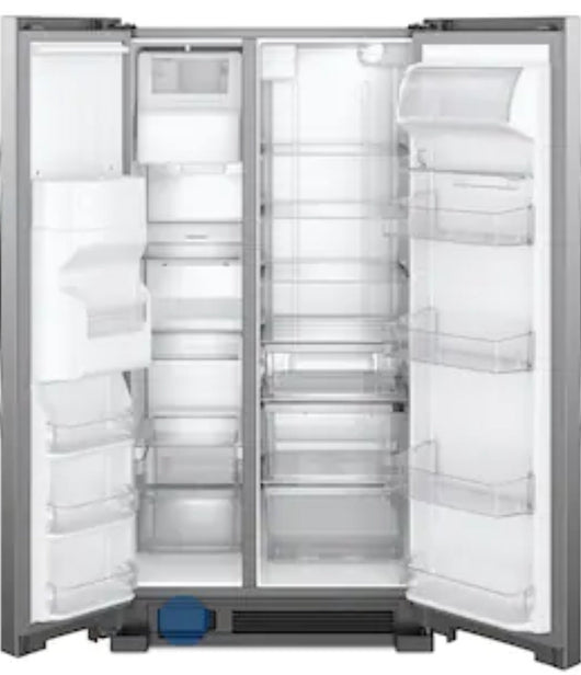 Whirlpool  21.4-cu ft Side-By-Side Refrigerator with Ice and Water Dispenser and Can Caddy - Fingerprint Resistant Stainless Steel!

-Brand new but is scratch/dented from shipping, photos shown!
