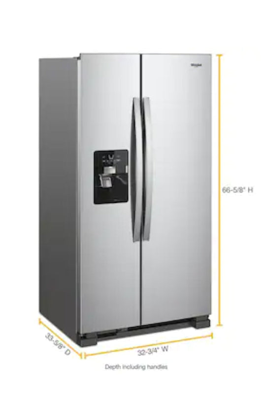 Whirlpool  21.4-cu ft Side-By-Side Refrigerator with Ice and Water Dispenser and Can Caddy - Fingerprint Resistant Stainless Steel!

-Brand new but is scratch/dented from shipping, photos shown!