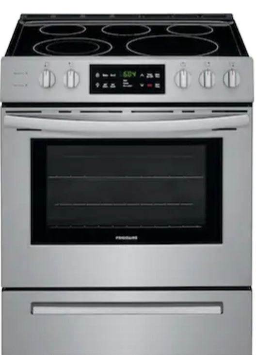 Frigidaire  30-in Smooth Surface 5 Elements 5-cu ft Self-Cleaning Freestanding Electric Range (Easycare Stainless Steel)!

-Brand new, has one very small indent on the bottom left side, photos shown