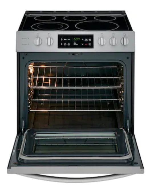 Frigidaire  30-in Smooth Surface 5 Elements 5-cu ft Self-Cleaning Freestanding Electric Range (Easycare Stainless Steel)!

-Brand new, has one very small indent on the bottom left side, photos shown