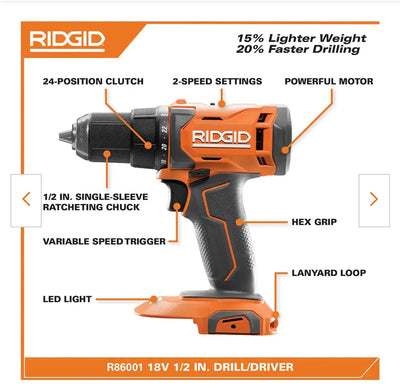 Rigid 18V Cordless 1/2 in. Drill/Driver Kit with (1) 2.0 Ah Battery and Charger!

-Brand new in the carry Case