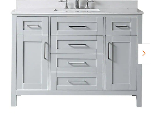Riverdale 48 in. W x 21 in. D Vanity in Dove Grey with a Cultured Marble Vanity Top in White with White Sink! 

-Brand new out of the box ( Top of Vanity is Cracked - Photos shown - Price reduced for the crack)