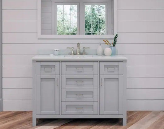 Riverdale 48 in. W x 21 in. D Vanity in Dove Grey with a Cultured Marble Vanity Top in White with White Sink! 

-Brand new out of the box ( Top of Vanity is Cracked - Photos shown - Price reduced for the crack)